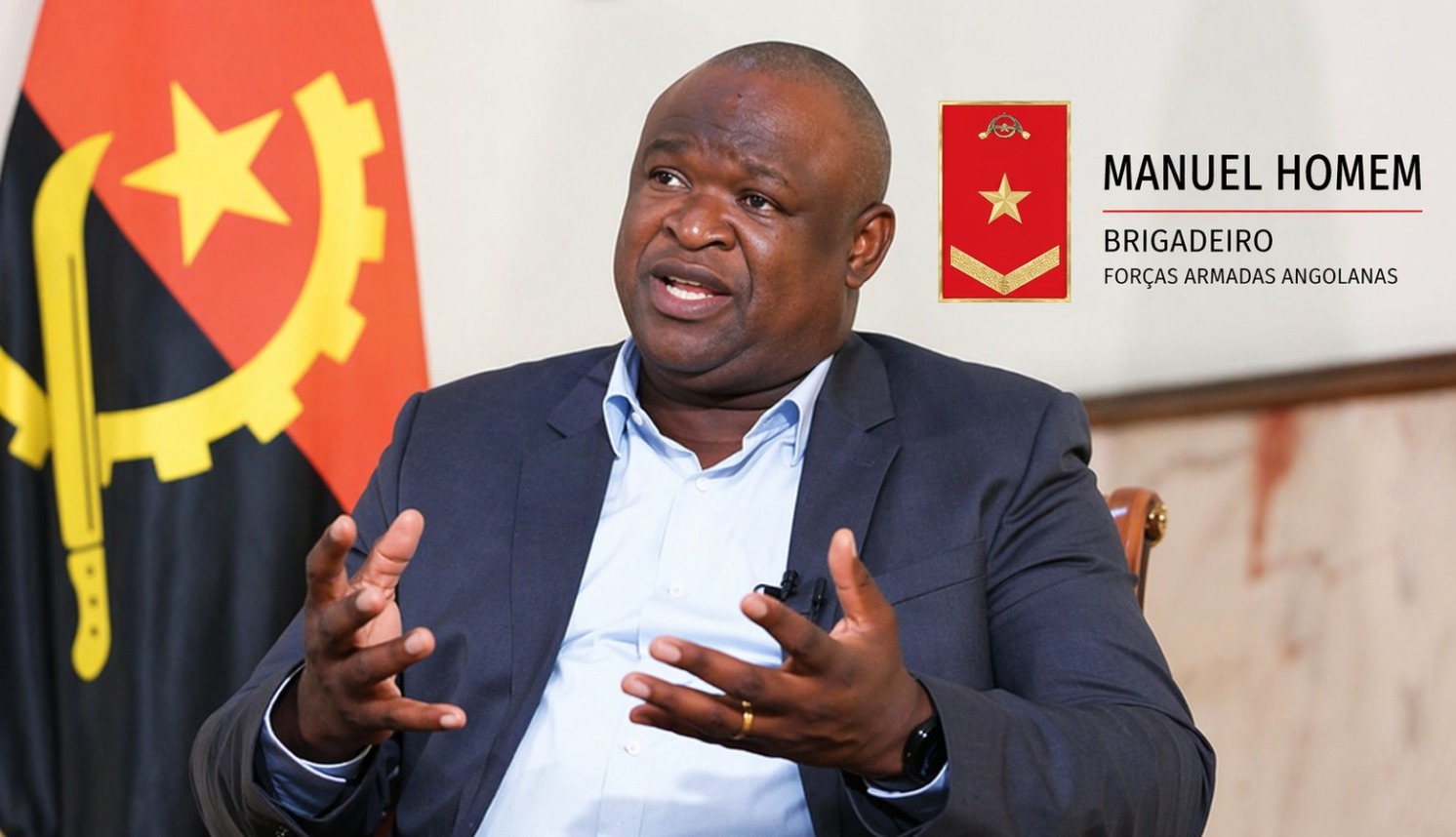 Manuel Homem proposto a Brigadeiro das FAA; imagem de denúncia sobre patenteamento político e desrespeito à Constituição de Angola.